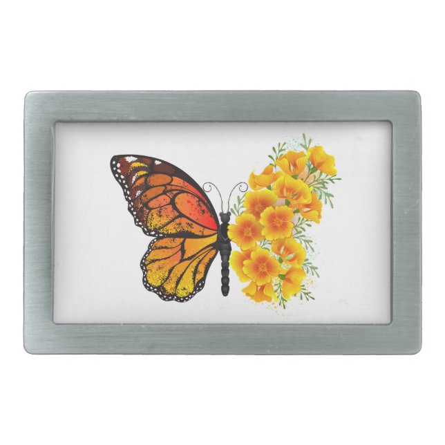 Flower Butterfly with Yellow California Poppy Belt Buckle (Front)