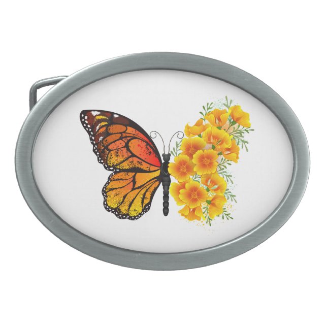 Flower Butterfly with Yellow California Poppy Belt Buckle (Front)