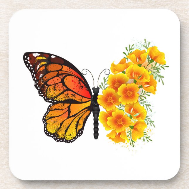 Flower Butterfly with Yellow California Poppy Beverage Coaster (Front)