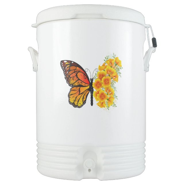 Flower Butterfly with Yellow California Poppy Beverage Cooler (Front)