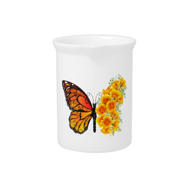 Flower Butterfly with Yellow California Poppy Beverage Pitcher (Front)