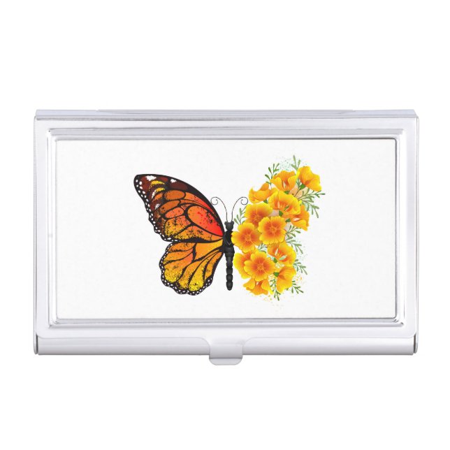 Flower Butterfly with Yellow California Poppy Business Card Case (Front)
