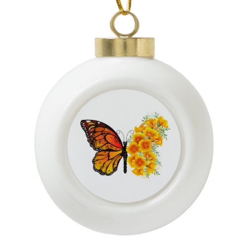 Flower Butterfly with Yellow California Poppy Ceramic Ball Christmas Ornament