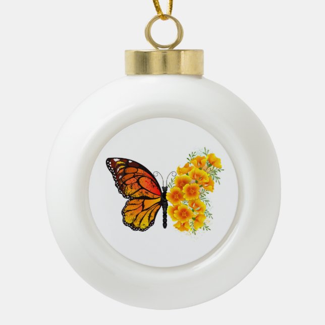 Flower Butterfly with Yellow California Poppy Ceramic Ball Christmas Ornament (Front)