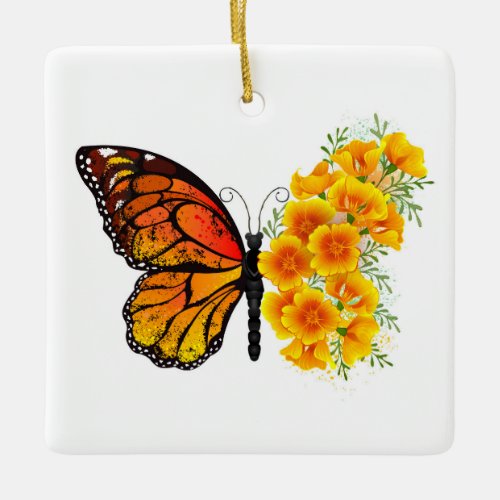 Flower Butterfly with Yellow California Poppy Ceramic Ornament