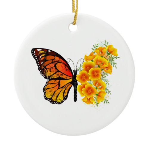 Flower Butterfly with Yellow California Poppy Ceramic Ornament