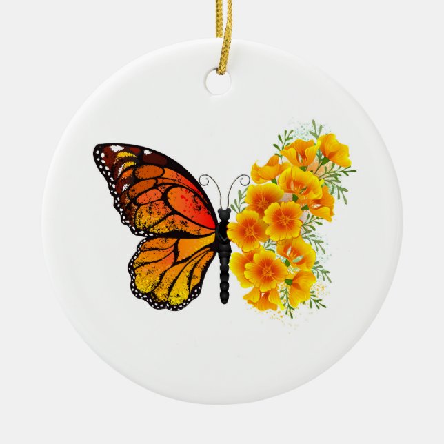 Flower Butterfly with Yellow California Poppy Ceramic Ornament (Front)