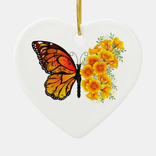 Flower Butterfly with Yellow California Poppy Ceramic Ornament