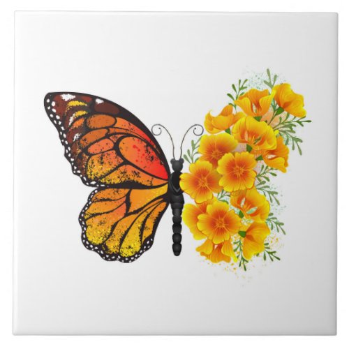 Flower Butterfly with Yellow California Poppy Ceramic Tile