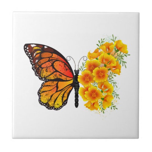 Flower Butterfly with Yellow California Poppy Ceramic Tile