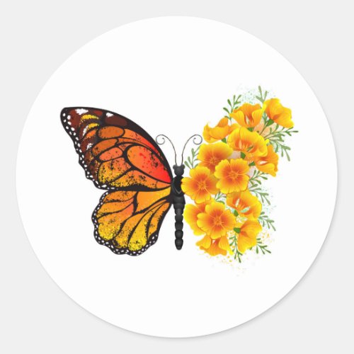 Flower Butterfly with Yellow California Poppy Classic Round Sticker