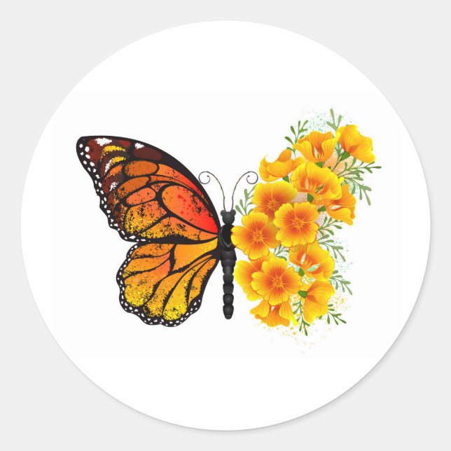 Flower Butterfly with Yellow California Poppy Classic Round Sticker (Front)