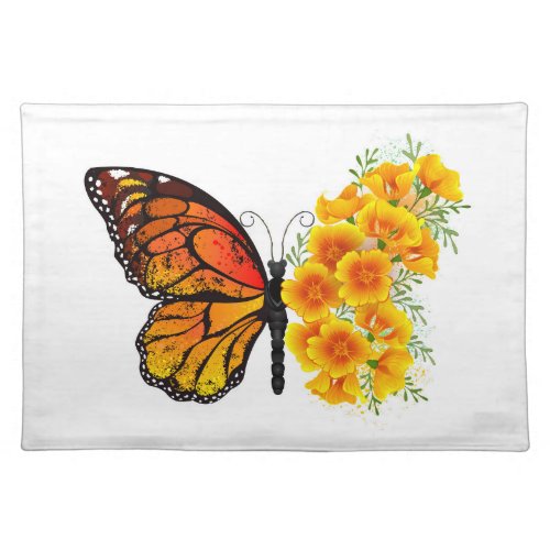 Flower Butterfly with Yellow California Poppy Cloth Placemat