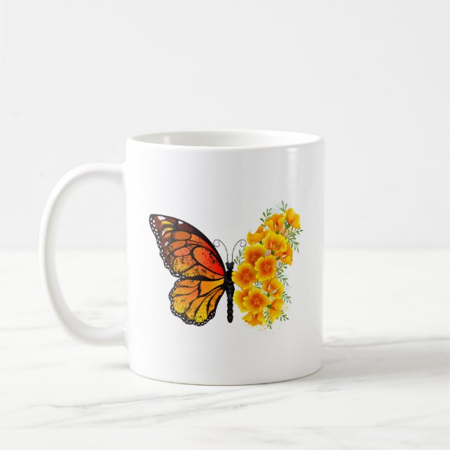 Flower Butterfly with Yellow California Poppy Coffee Mug (Left)