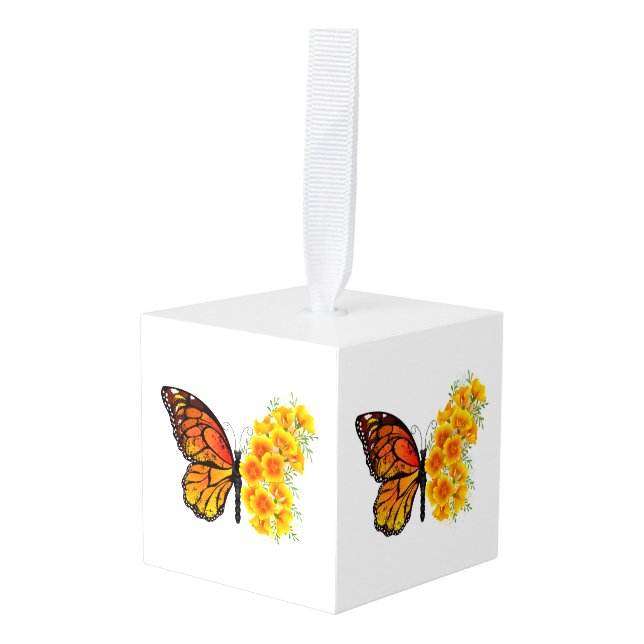 Flower Butterfly with Yellow California Poppy Cube Ornament (Front Angled)