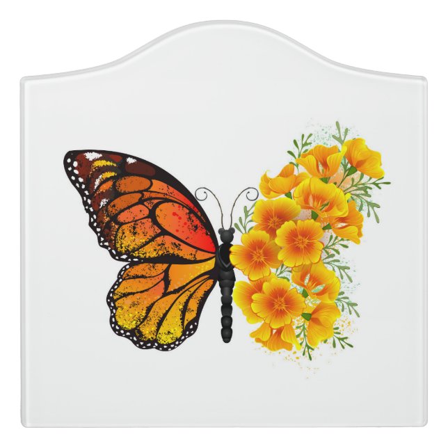 Flower Butterfly with Yellow California Poppy Door Sign (Large Crest Front)