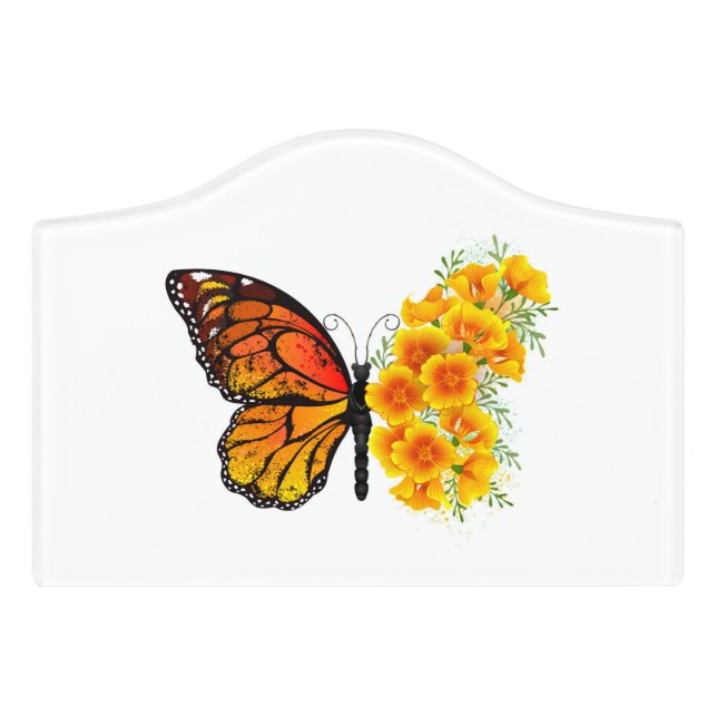 Flower Butterfly with Yellow California Poppy Door Sign (Small Crest Front)