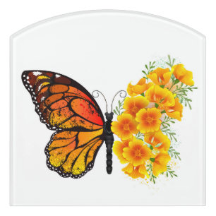Flower Butterfly with Yellow California Poppy Door Sign