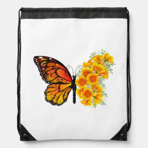 Flower Butterfly with Yellow California Poppy Drawstring Bag