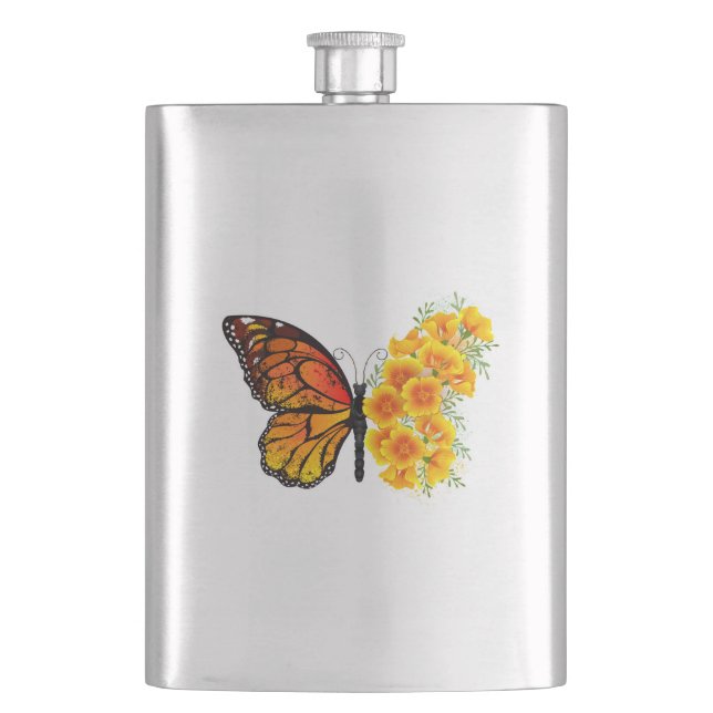 Flower Butterfly with Yellow California Poppy Flask (Front)