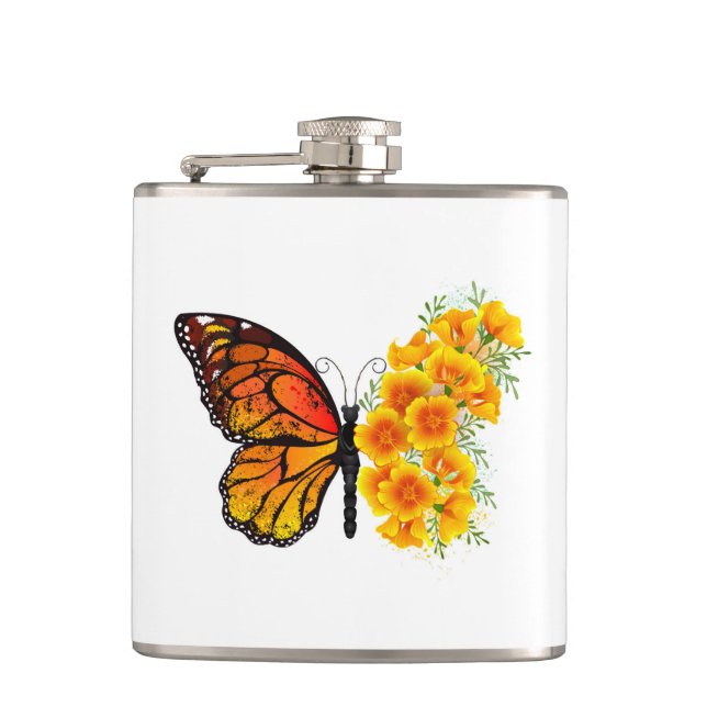 Flower Butterfly with Yellow California Poppy Flask (Front)