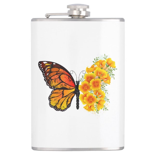 Flower Butterfly with Yellow California Poppy Flask (Front)