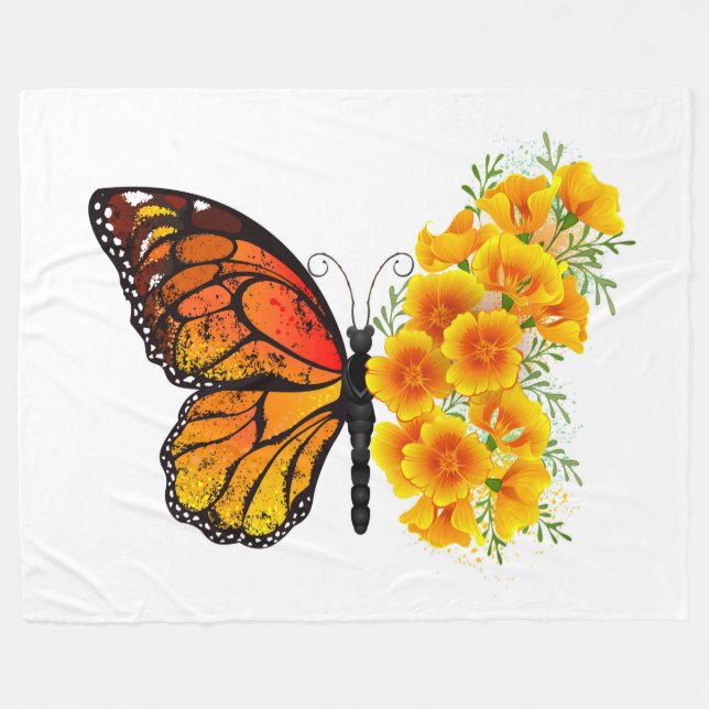 Flower Butterfly with Yellow California Poppy Fleece Blanket (Front (Horizontal))
