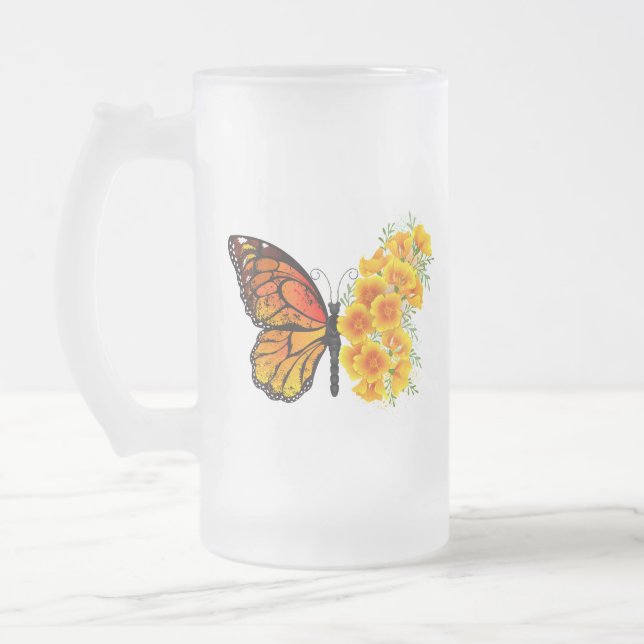 Flower Butterfly with Yellow California Poppy Frosted Glass Beer Mug (Left)