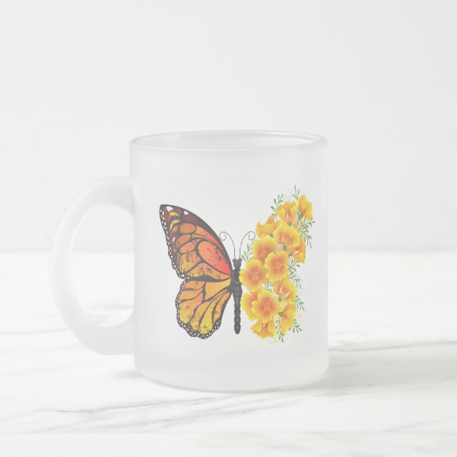 Flower Butterfly with Yellow California Poppy Frosted Glass Coffee Mug (Left)