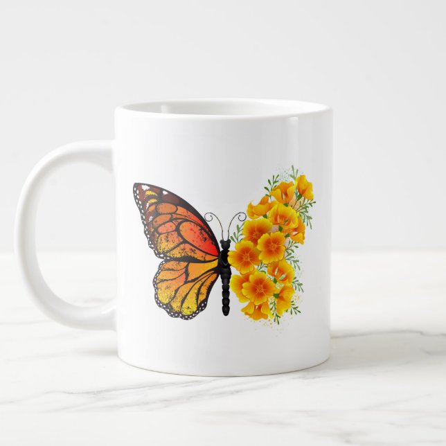 Flower Butterfly with Yellow California Poppy Giant Coffee Mug (Left)
