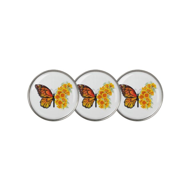 Flower Butterfly with Yellow California Poppy Golf Ball Marker (3 Up)