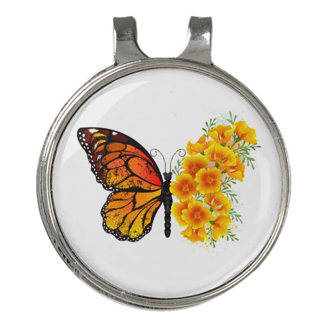 Flower Butterfly with Yellow California Poppy Golf Hat Clip (Front)