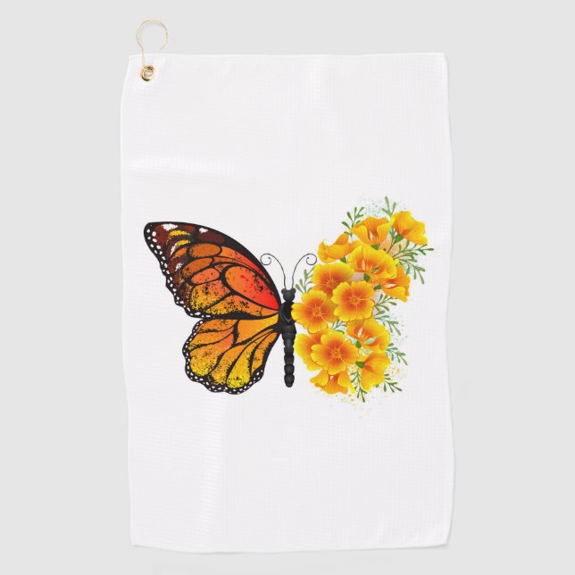 Flower Butterfly with Yellow California Poppy Golf Towel (Front)