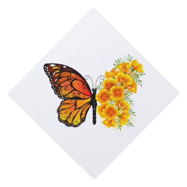 Flower Butterfly with Yellow California Poppy Graduation Cap Topper (Front)
