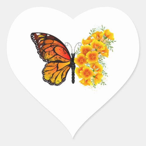 Flower Butterfly with Yellow California Poppy Heart Sticker