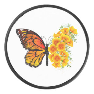 Flower Butterfly with Yellow California Poppy Hockey Puck