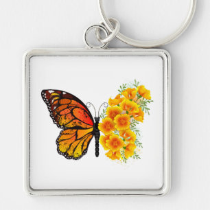 Flower Butterfly with Yellow California Poppy Keychain