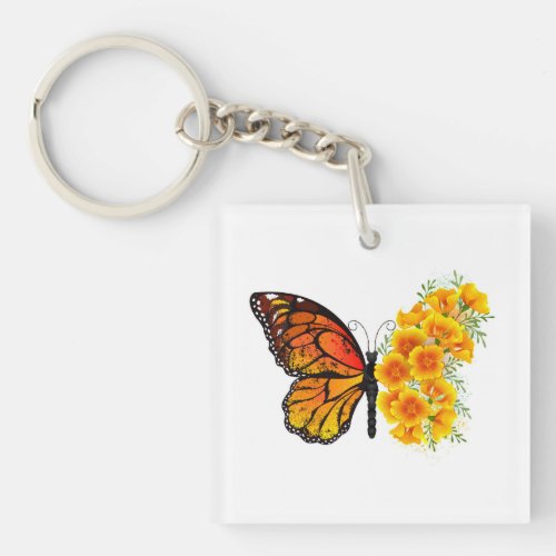 Flower Butterfly with Yellow California Poppy Keychain