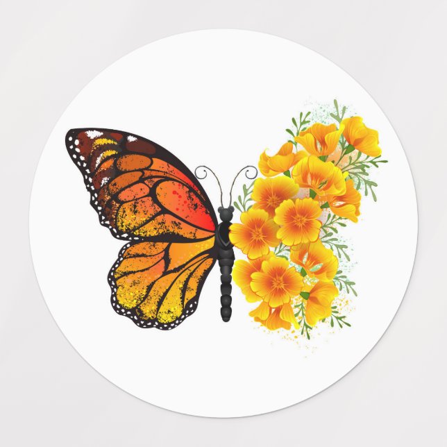 Flower Butterfly with Yellow California Poppy Kids' Labels (Design 1)