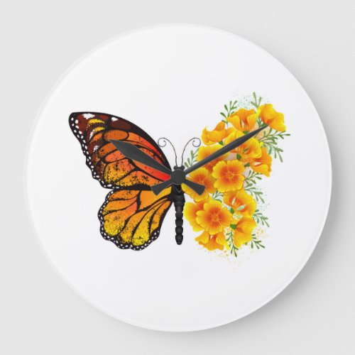 Flower Butterfly with Yellow California Poppy Large Clock