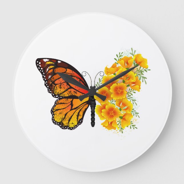 Flower Butterfly with Yellow California Poppy Large Clock (Front)