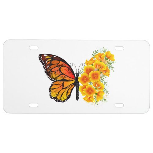 Flower Butterfly with Yellow California Poppy License Plate