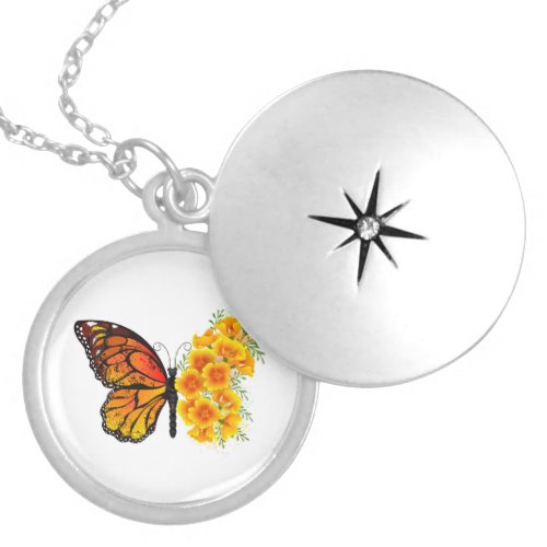 Flower Butterfly with Yellow California Poppy Locket Necklace