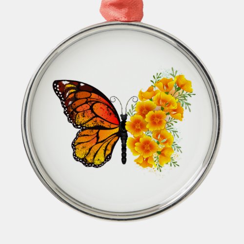 Flower Butterfly with Yellow California Poppy Metal Ornament