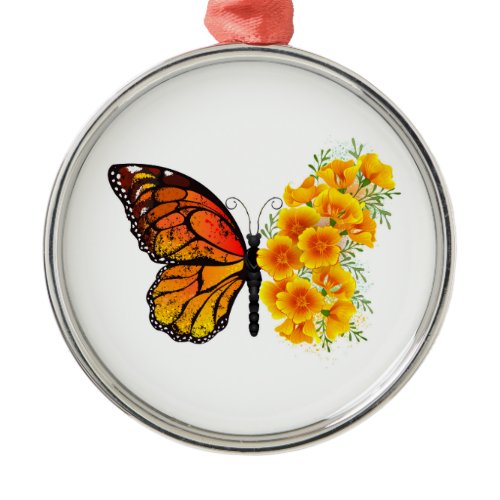Flower Butterfly with Yellow California Poppy Metal Ornament