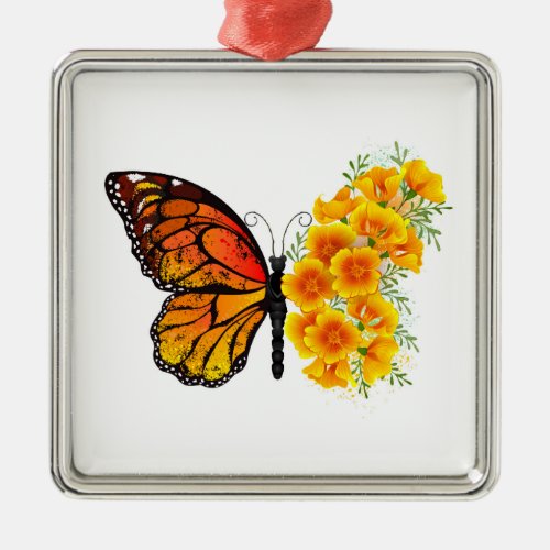 Flower Butterfly with Yellow California Poppy Metal Ornament