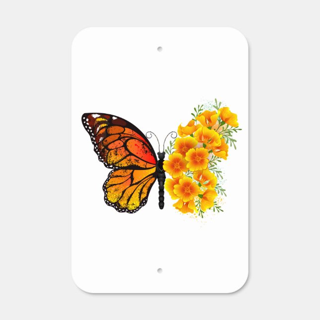 Flower Butterfly with Yellow California Poppy Metal Sign (Front)