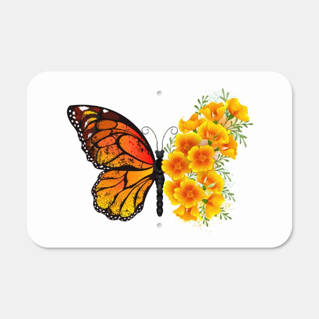 Flower Butterfly with Yellow California Poppy Metal Sign (Front)