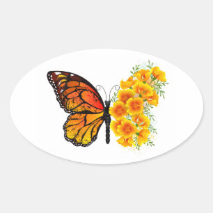 Flower Butterfly with Yellow California Poppy Oval Sticker