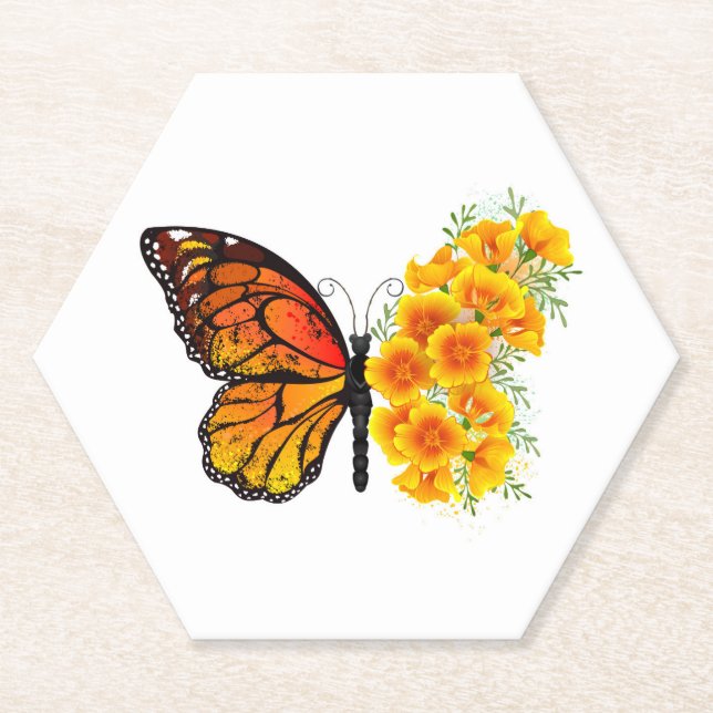 Flower Butterfly with Yellow California Poppy Paper Coaster (Front)